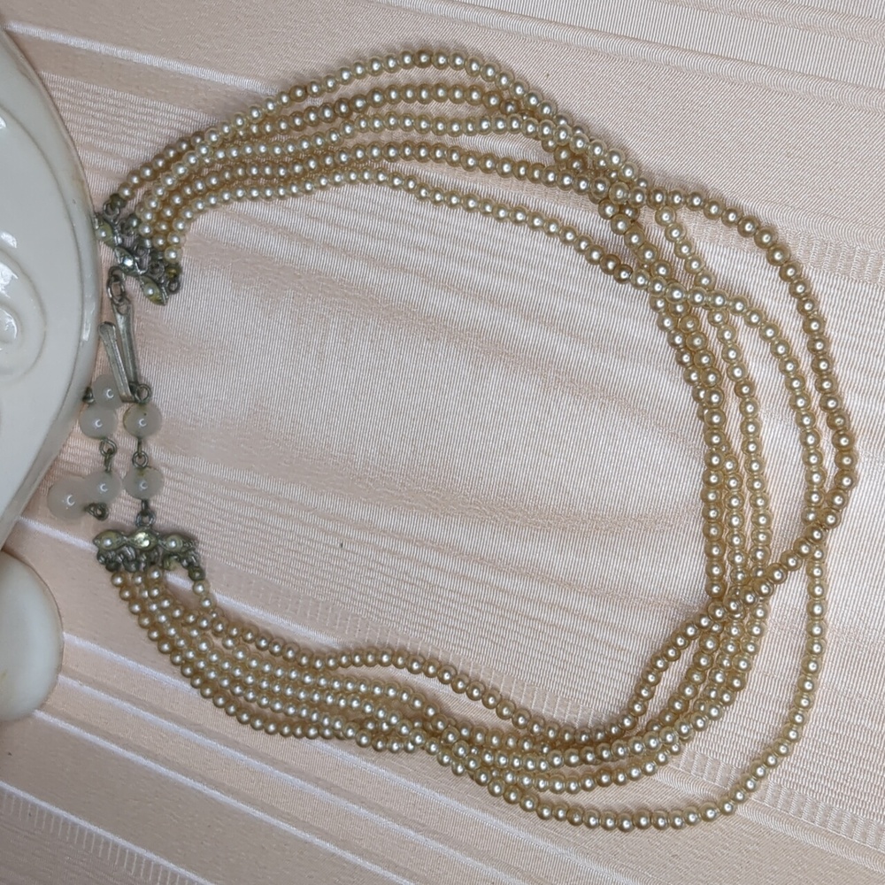 Vintage 60s Faux Pearl Chocker Necklace Beaded 5 Strand Dainty Elegant Wedding